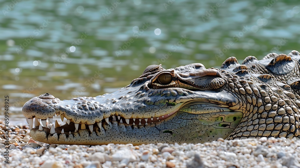 Obraz premium Head of the nile crocodile in profile close upcrocodile is an ancient predatory reptile lying on the shore against the background of the water surface