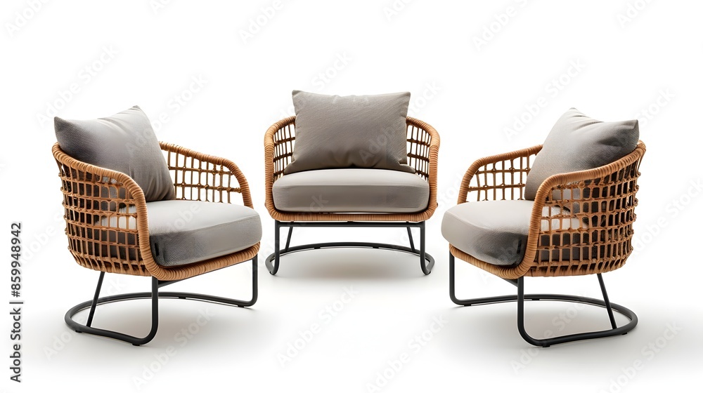 Fototapeta premium Modern minimal garden furniture with a black metal frame and plant decor on a wooden deck in an outdoor setting.