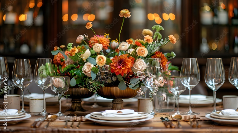 An elegant rehearsal dinner setting featuring a white and green color scheme, beautifully decorated table with candles, flowers, and fine china. An elegant rehearsal dinner setting featuring a white and green color scheme, beautifully decorated table with candles, flowers, and fine china.