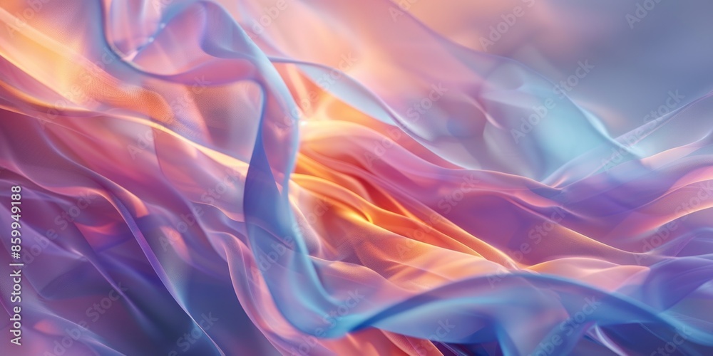 Obraz premium Abstract background featuring flowing silk-like textures in hues of blue, purple, and orange, suggesting movement and softness, perfect for artistic or design applications.