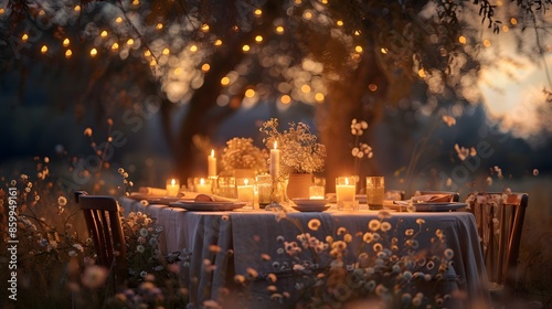 Elegant outdoor banquet table set for a party under a starry night sky photo