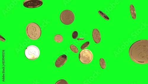 Gold coins burst explode on green screen background