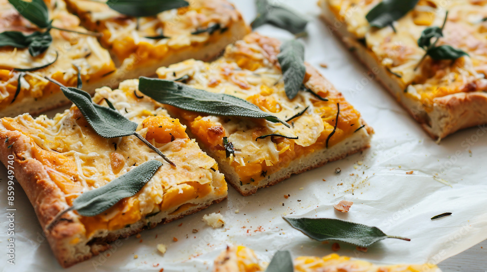 Sliced Pumpkin Sage Flatbread on Wooden Board for Autumn Dining Experience Sliced Pumpkin Sage Flatbread on Wooden Board for Autumn Dining Experience