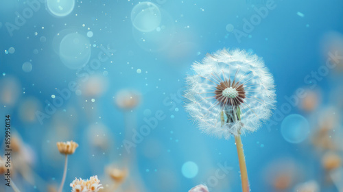 A single dandelion bloom stands out against a soft blue sky with bokeh