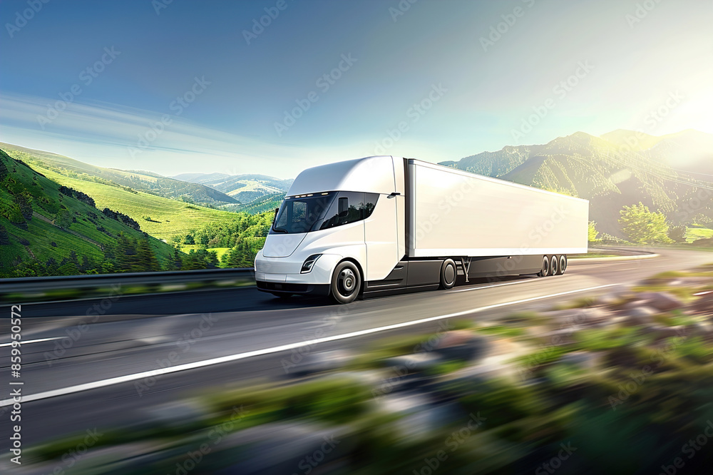 Electric semi-truck driving on a scenic highway, green landscape, zero emissions. Electric semi-truck driving on a scenic highway, green landscape, zero emissions.