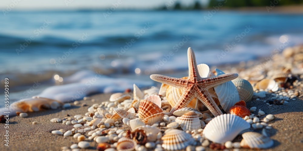 Sunny tropical beach, ocean summer vacation concept. seashells and starfish on the sand. Sunny tropical beach, ocean summer vacation concept. seashells and starfish on the sand.