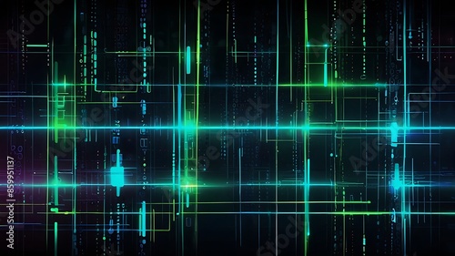 A sleek and futuristic abstract background resembling a digital data grid, with interconnected nodes and lines glowing in vibrant hues of neon green and blue. Generative Ai.