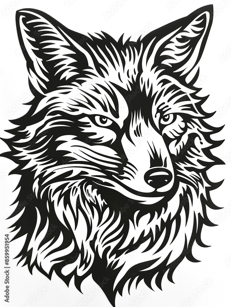 A black and white drawing of a wolf's head A black and white drawing of a wolf's head