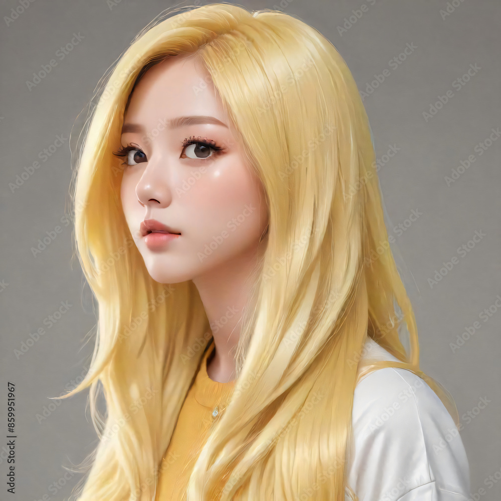 Naklejka premium A Korean girl with yellow long hair in K-pop style.