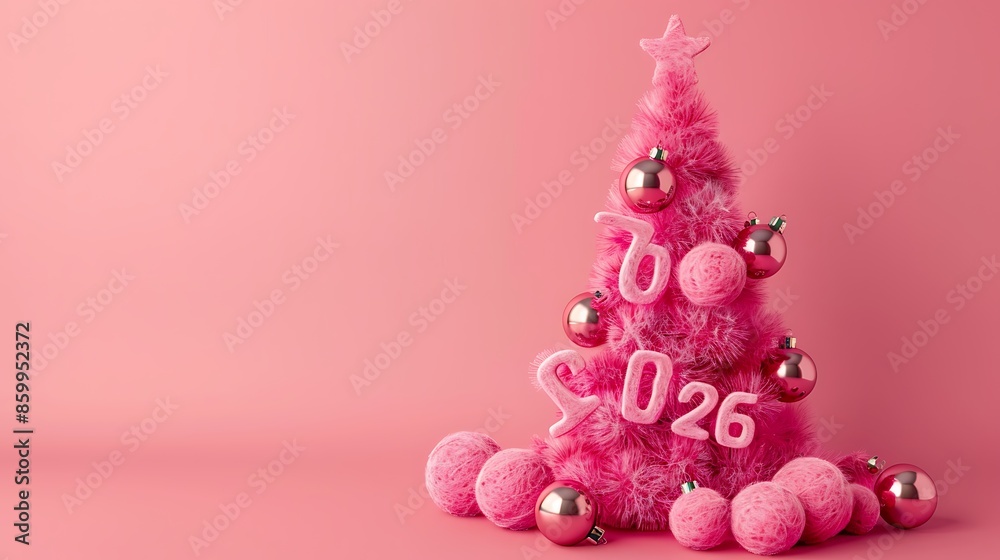 Isolated bright pink background fluffy creative christmas tree made of wool transparent numbers 2024 with shiny balls Isolated bright pink background fluffy creative christmas tree made of wool transparent numbers 2024 with shiny balls