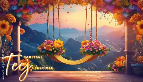 Happy Hariyali Teej Festival Poster Design with A festive beautifully adorned marigold decorated swing (jhula) and diya lamps with intricate floral decorations photo