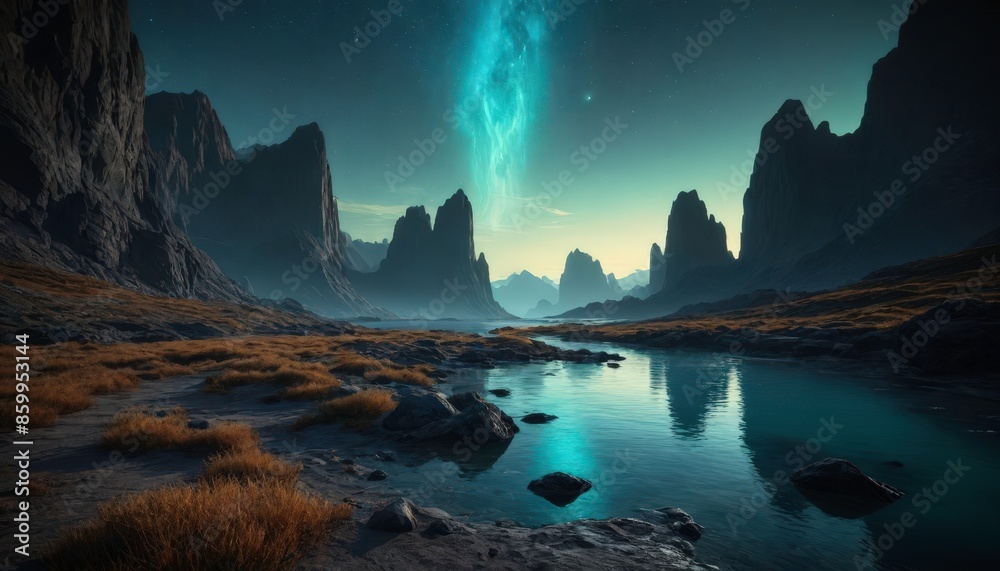 Obraz premium Alien Landscape with River and Mountains.