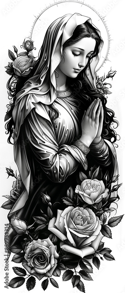 A woman is praying in front of a rose bush A woman is praying in front of a rose bush