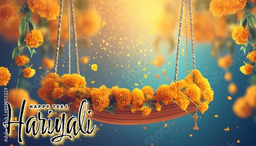 Happy Hariyali Teej Festival Poster Design with A festive beautifully adorned marigold decorated swing (jhula) and diya lamps with intricate floral decorations
