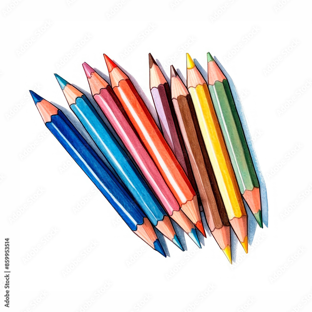 Collection of colored pencils on white on transparent background. Watercolor illustrations Back to School. Writing accessories for posters, posters, cards, holiday decor Collection of colored pencils on white on transparent background. Watercolor illustrations Back to School. Writing accessories for posters, posters, cards, holiday decor