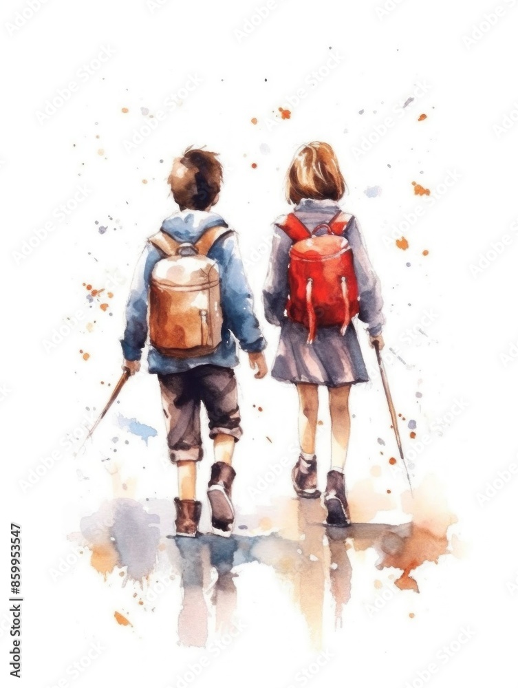 Fototapeta premium Elementary school students, with bright backpacks on their backs, run to school. The beginning of the school year. Watercolor illustration.