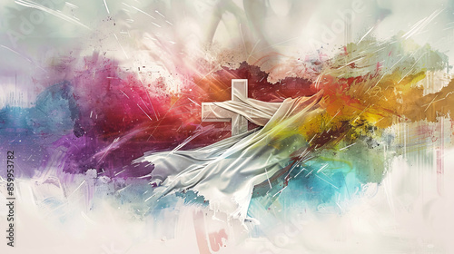 A watercolor painting depicting a white Easter cross draped in a flowing white cloth, set against a vibrant background of red, orange, yellow, blue, purple, and green hues