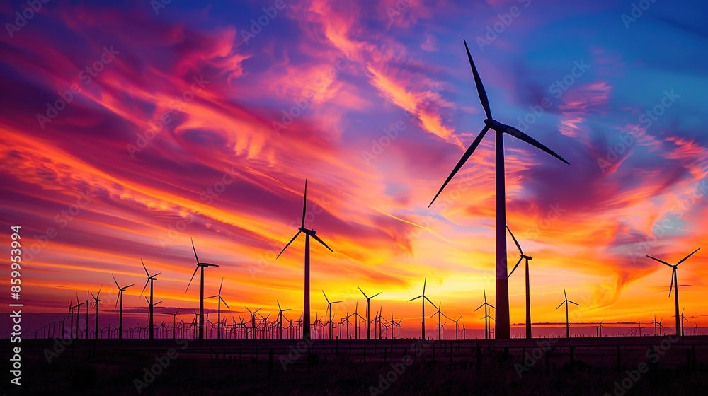 Obraz premium Embracing Renewable Energy: Silhouetted Wind Farm at Sunset Inspiring Sustainable Future