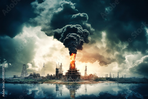 A burning oil rig spews black smoke into the sky, casting a dark shadow over the surrounding landscape. The scene depicts the destructive impact of resource extraction on the environment photo