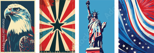 Set of American 4th July celebration posters. With iconic American icons. Patriotic USA background