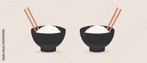 A simple, minimalist illustration featuring two bowls of rice, one white and one black, with chopsticks resting on top. Perfect for showcasing different rice varieties or Asian cuisine
