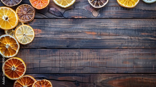 Dried citrus fruits on wooden surface with empty space