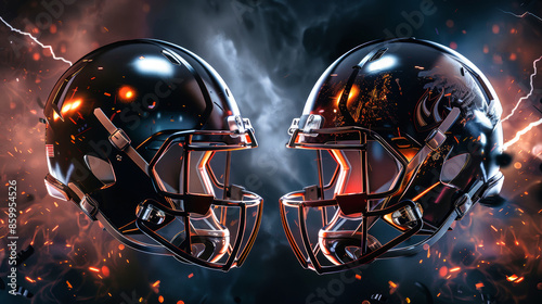 Two gleaming football helmets, adorned with fiery accents, face each other in a dramatic pre-game showdown photo