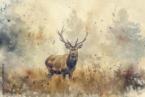 Red deer, full body standing in the misty Scottish highlands, watercolor style.
