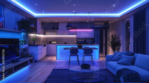 Modern living room and open plan kitchen at night with neon lights © Alexander