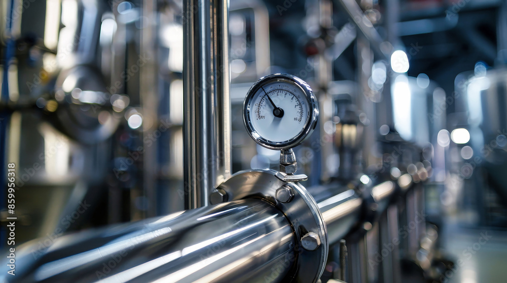 A close-up shot of a temperature sensor attached to a gleaming pipe, capturing the precision and functionality within a modern factory setting A close-up shot of a temperature sensor attached to a gleaming pipe, capturing the precision and functionality within a modern factory setting