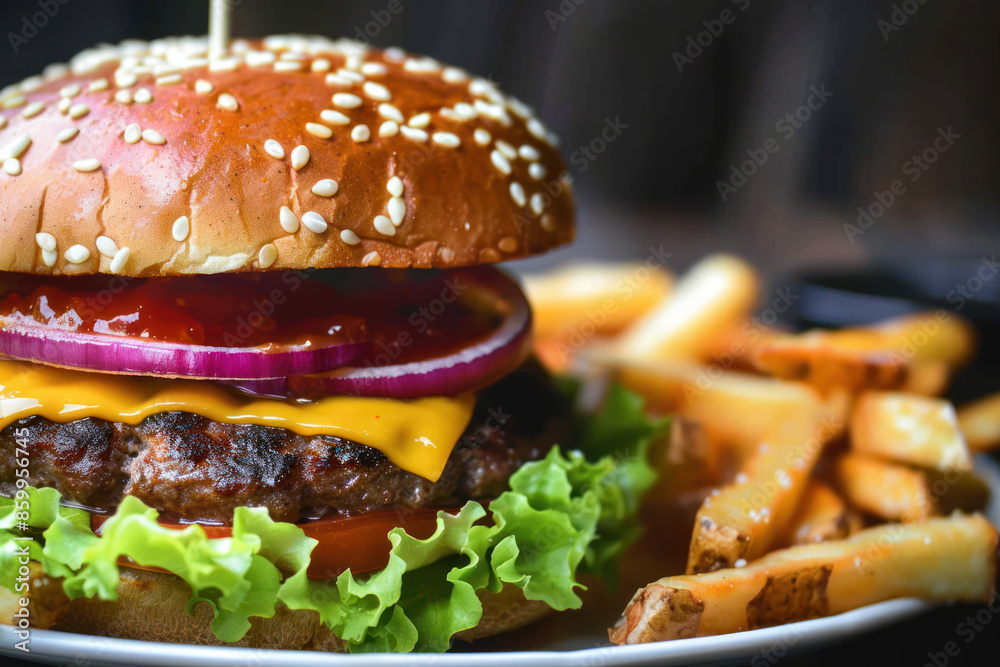 A close-up of a cheeseburger with lettuce, onion, and ketchup, served with french fries A close-up of a cheeseburger with lettuce, onion, and ketchup, served with french fries