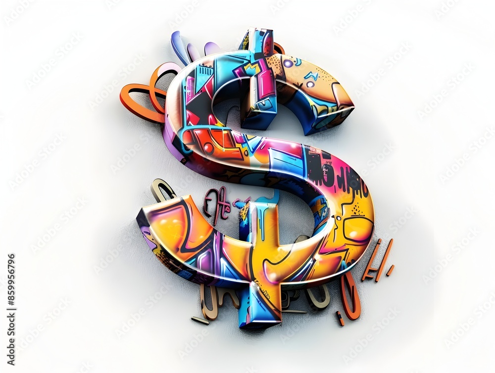 Naklejka premium Vibrant 3D Rendered Euro Symbol as Graffiti Mural on White Background