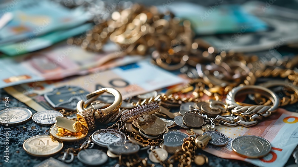Old and broken jewelry and on euro banknotes on dark background sell gold for money Old and broken jewelry and on euro banknotes on dark background sell gold for money