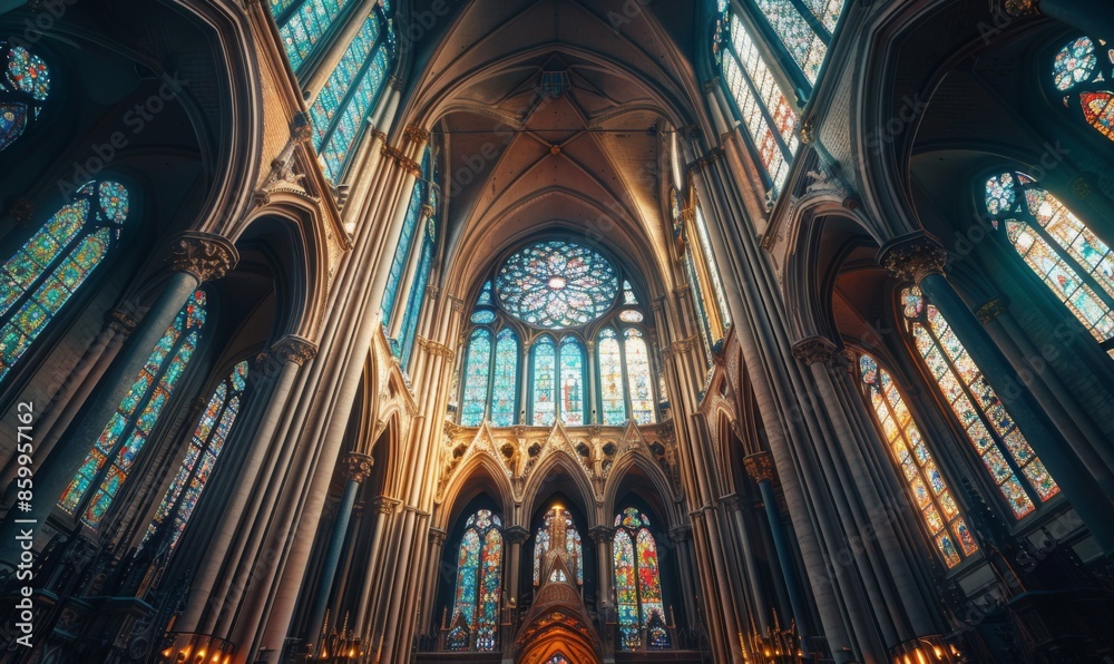 Fototapeta premium A grand, gothic cathedral with towering spires and intricate stained glass windows