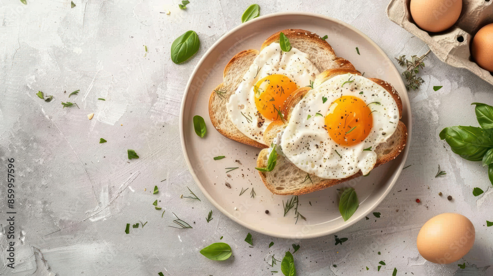 A plate of fried eggs on toast with herbs and spices, a classic breakfast dish A plate of fried eggs on toast with herbs and spices, a classic breakfast dish