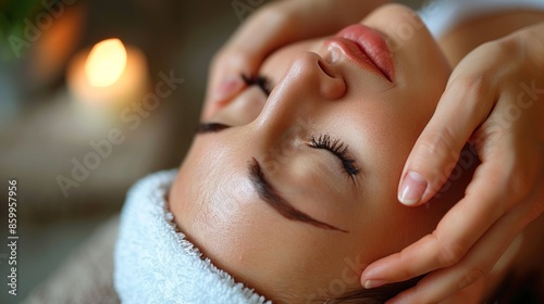 A woman with her face covered in a towel and a candle in the background. Scene is calm and relaxing