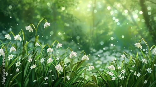 A digital painting of a forest clearing with white snowdrops blooming in the sun.