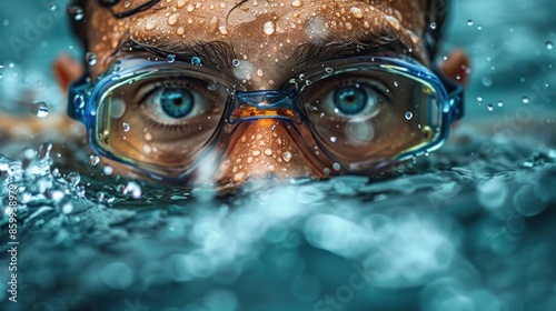 A man in a pool wearing goggles and a blue shirt. The water is splashing around him