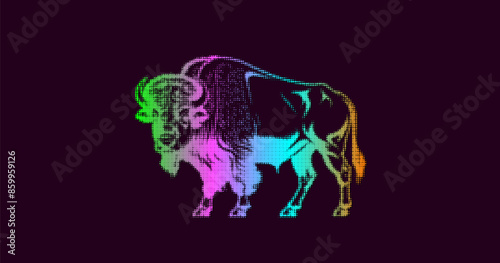 Vector iridescent halftone texture of a powerful buffalo. American wild animal bison. Zoo. Dark isolated background.
