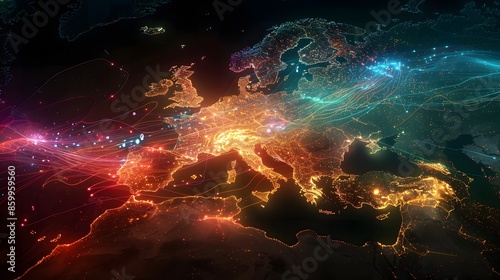 High-tech digital map of Western Europe  emphasizing network and information exchange