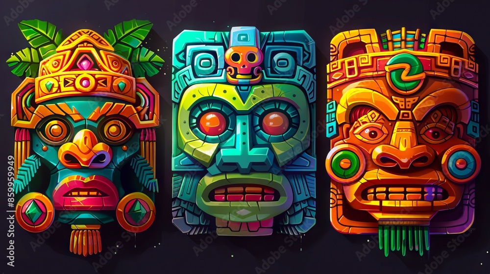 Three colorful masks with different designs. Three colorful masks with different designs.