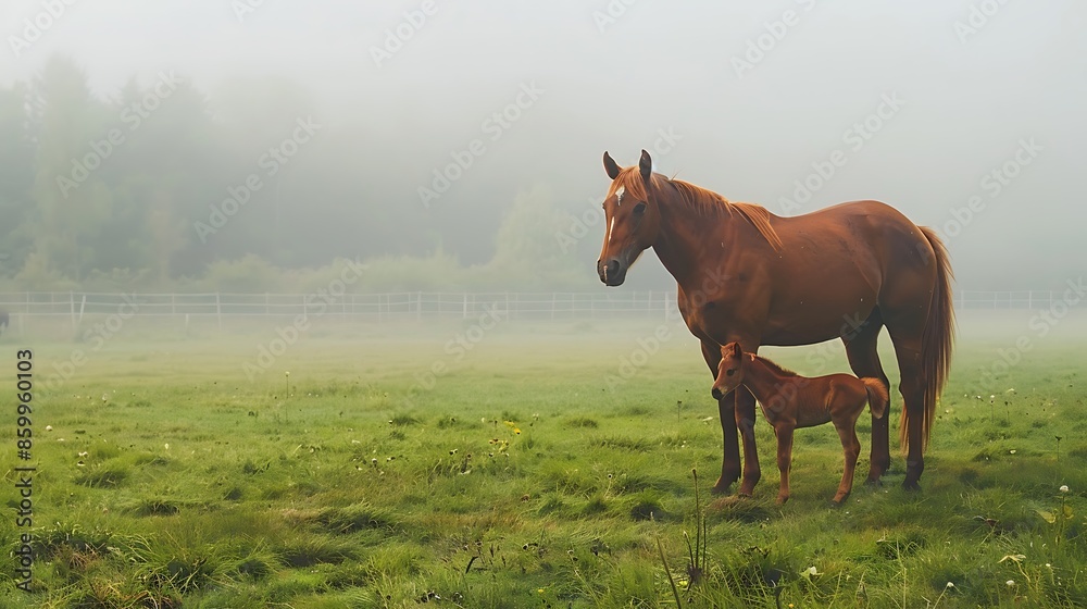 Red mare and foal on green pasture on fog morning Red mare and foal on green pasture on fog morning