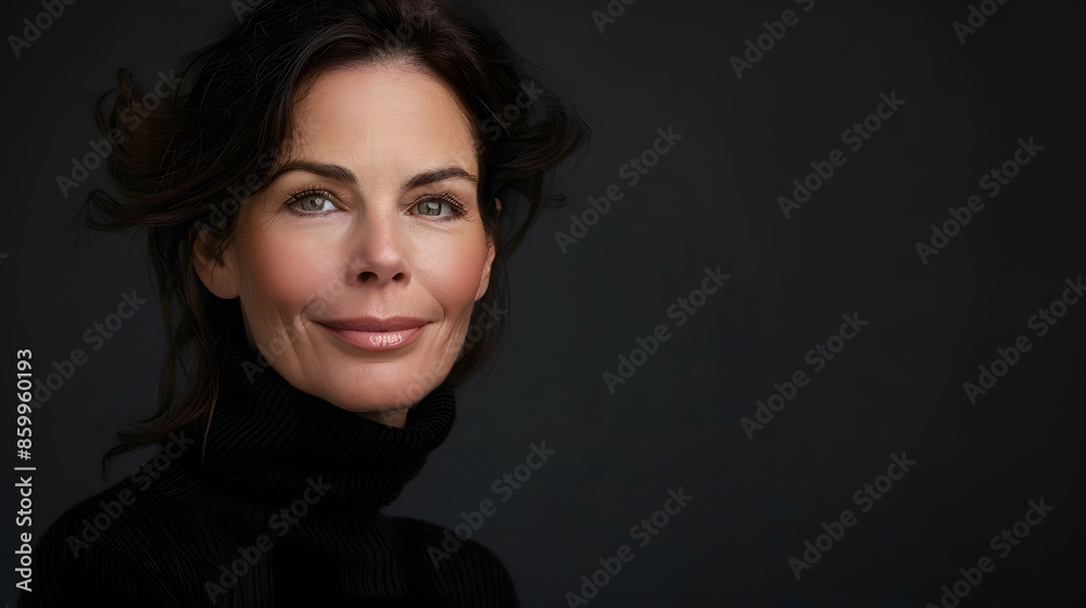 Portrait of beautiful middle aged woman with brunette hair Confident female wearing black turtleneck sweater while posing at dark background Copy space : Generative AI