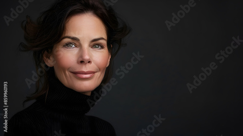 Portrait of beautiful middle aged woman with brunette hair Confident female wearing black turtleneck sweater while posing at dark background Copy space : Generative AI