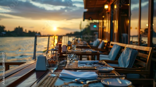 Restaurant on the deck with dining table sofa dishware cutlery on terrace ship in riverside at the evening photo