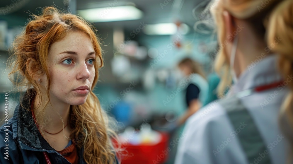 A woman with red hair is looking at another woman in a white lab coat A woman with red hair is looking at another woman in a white lab coat