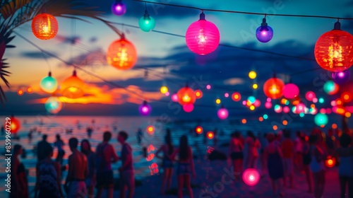 A group of people are standing on the beach with colorful lights.