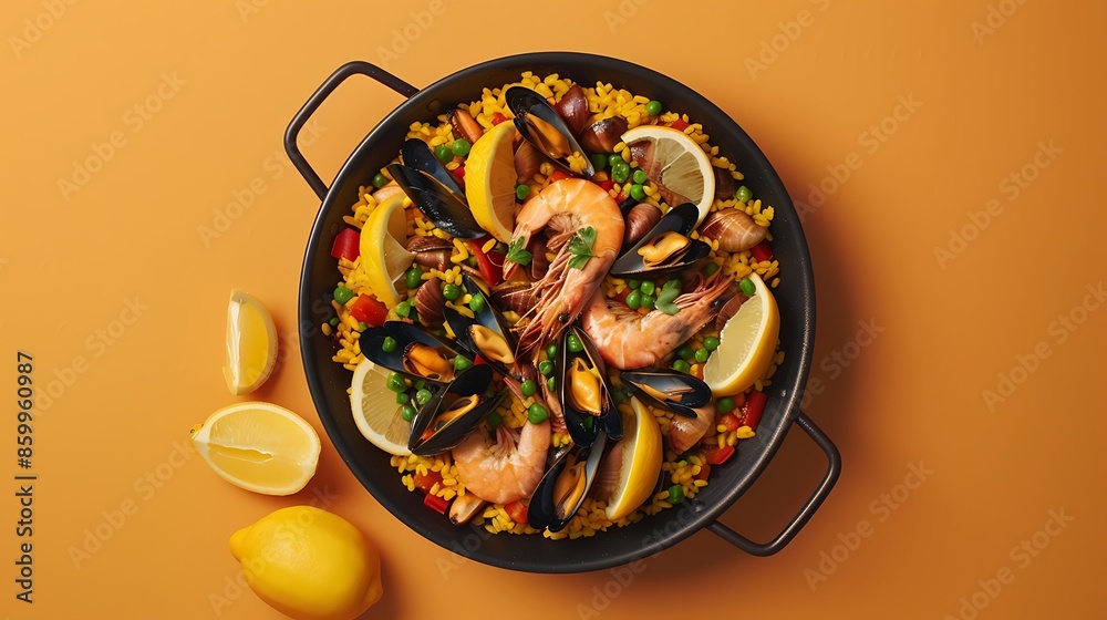 seafood paella with rice mussels shrimps in a pan on orange background seafood paella with rice mussels shrimps in a pan on orange background
