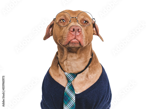 Cute dog, glasses and stylish tie. Isolated background. Closeup, indoors. Studio shot. Day light. Beauty and fashion. Concept of care, education, training and raising pets photo