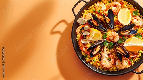 seafood paella with rice mussels shrimps in a pan on orange background photo